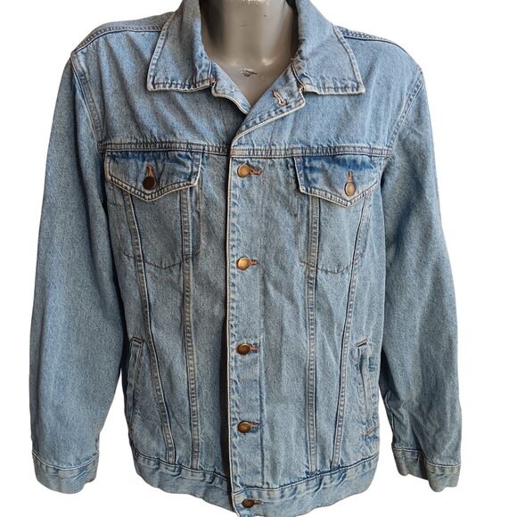 AC/DC Denim Jacket XL With Tie-Dye Back Patch Button Closure Pockets Light Wash - Picture 2 of 6